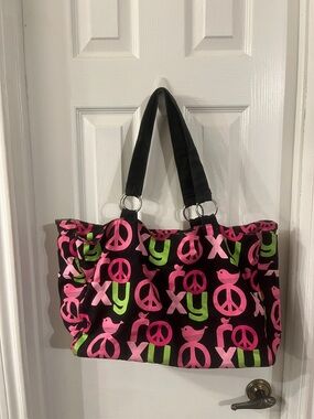 Black Tote Bag with Pink & Lime Peace Sign Print